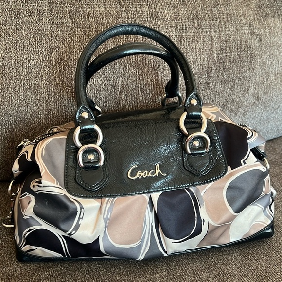 Coach Ashley Silk Handbag Brown Black Tan Patterned - Picture 1 of 11